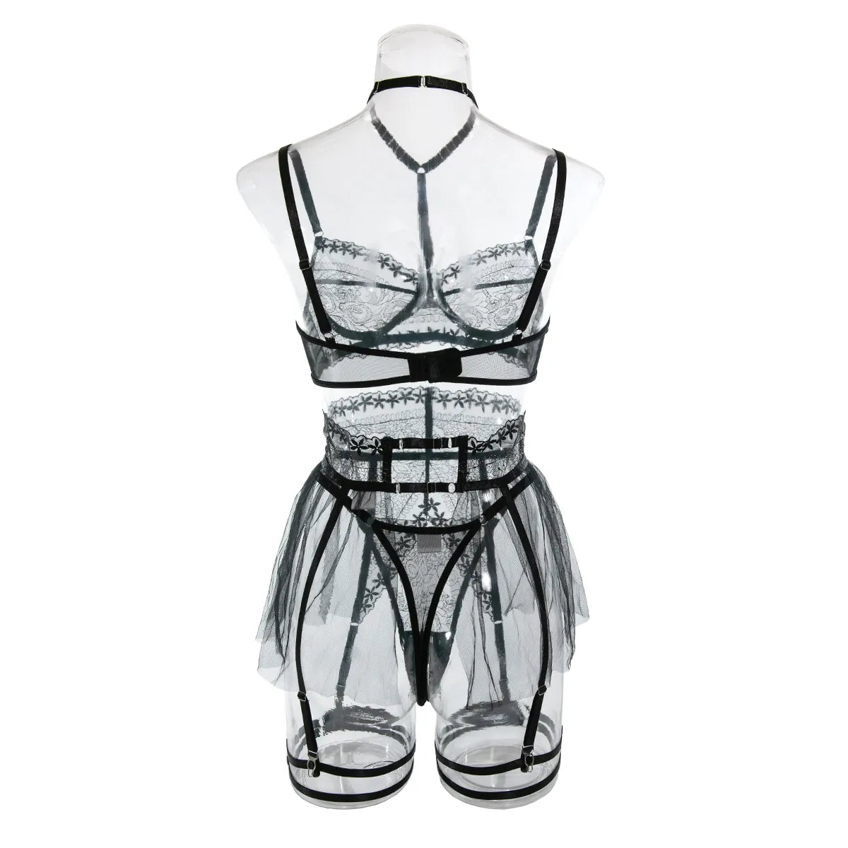 Rüschen Sexy Dessous-Sets für Frauen Spitze Patchwork Fancy Unterwäsche BH Tanga Strumpfband Outfit Transparent Luxus Intim