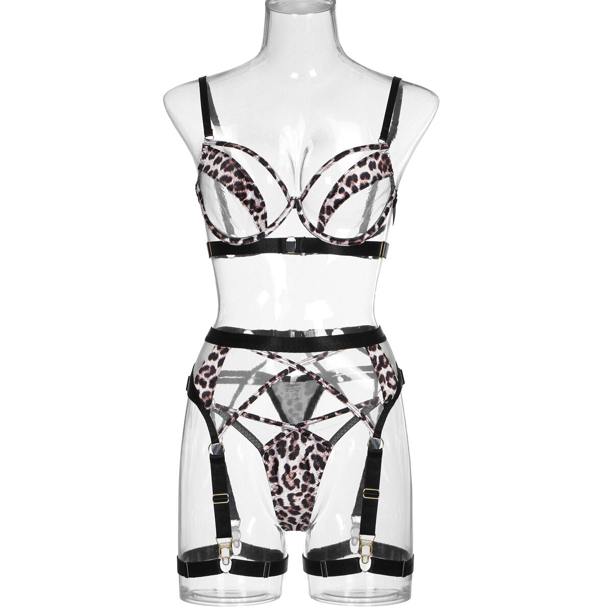 Leopard Lingerie Sensual Underwear 3-Piece Sheer Lace Patchwotk Intimate Transparent Bra And Panty Set Fancy Outfits