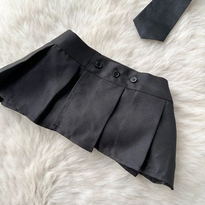 Women Hollow Out Sexy Two Pieces Suits Fashion Leather Vest+Mini Sensual Skirt+Thongs Japan Style   Outfit Wanita