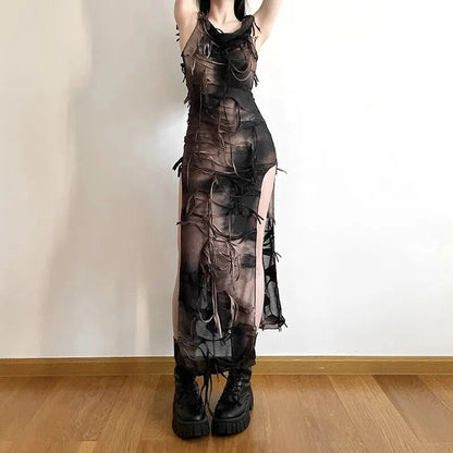 Wasteland estilo Irregular hecho viejo Vintage Tie Dyed vestido con capucha mujeres verano sin mangas Slim Fit borla Split vestido largo tendencia