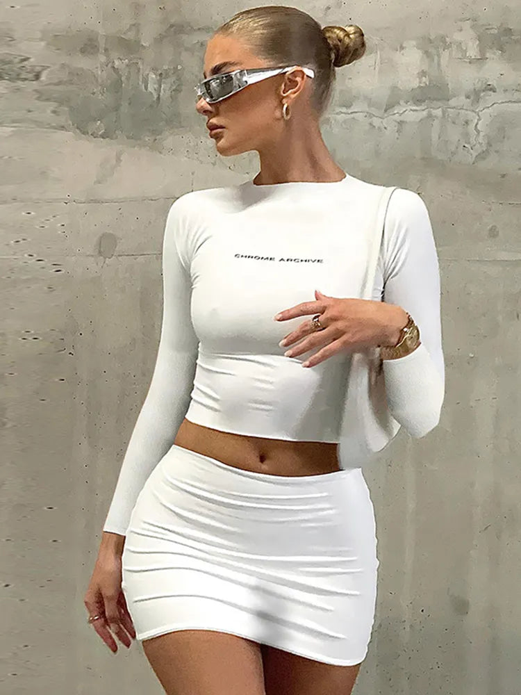 Letter Print Two Piece Set Women Outfit 2023 New In Matching Sets Crop Top And Mini Skirt Sets Y2K Night Club Festival Outfit