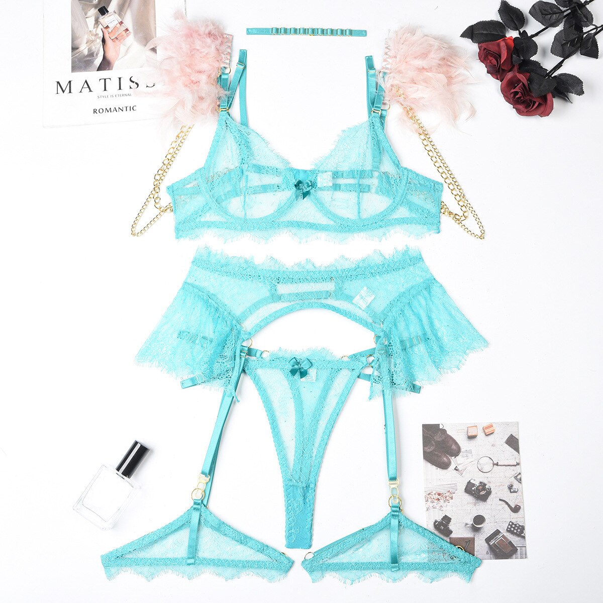 Feather Lingerie Fancy Chic Underwear Bra Wirh Mental Chain Sexy Custome Uncensord Ruffle Garters 4-Piece Lace Intimate