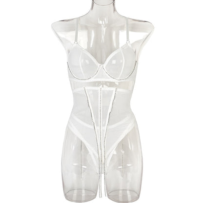 Lencería con diamantes de imitación y cintura para mujer, ropa interior Sensual de encaje transparente con borlas brillantes, íntima Sexy sin censura