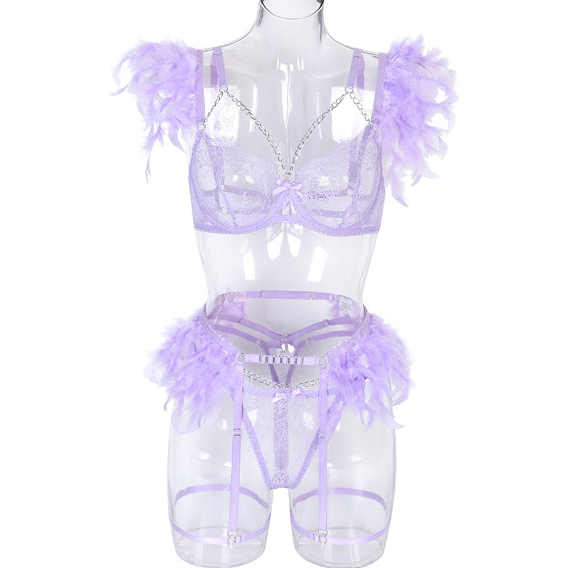 Lencería de plumas, ropa interior Sexy para mujer, sujetador transparente, cadena de Metal, encaje, conjunto de 3 piezas, íntimo de lujo