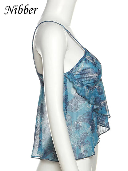 Chaleco estampado transparente de malla para mujer, camisola Sexy informal con cuello en V sin mangas y tirantes, camiseta sin mangas de retazos, parte de arriba, ropa informal