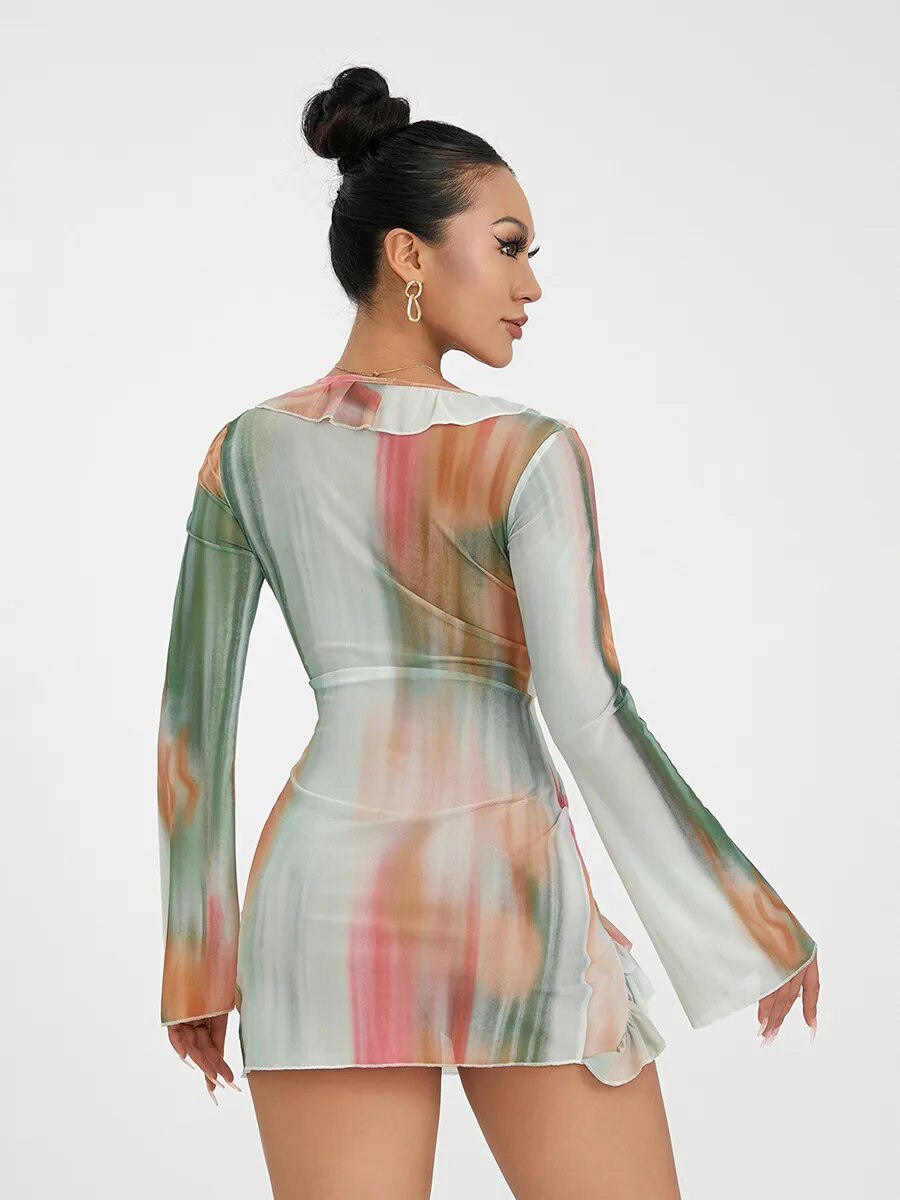 Women Mini Dress Long Sleeve Lacing Tie-dye Print Patchwork Slit Bodycon Dress for Club Party