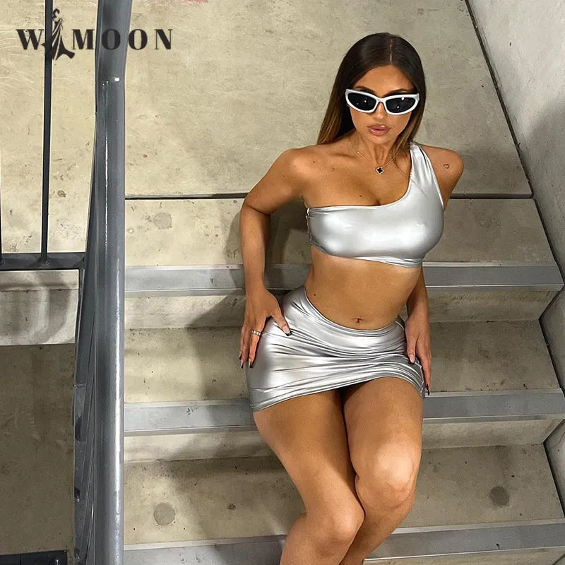 Bright Silver Sexy 2 Pieces Set Women 2023 New Solid Color One Shoulder Sleeveless Crop Top and Short Skirt Suit for Summer