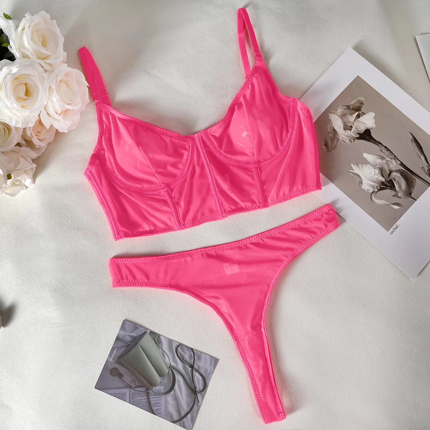 Sexy Dessous Damen Neongrün Damenunterwäsche Intim BH und Höschen Set Frau 2 Stück Spitze Durchsichtig Outfit