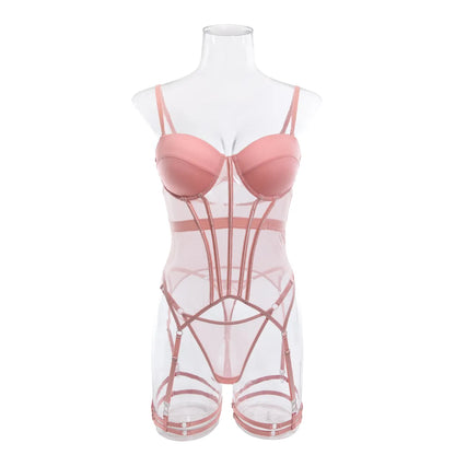 Lingerie Sets for Women Padded Female Underwear Outfit G-string Transparent Bilizna Set Push Up Lace Corset Top Garter Wanita