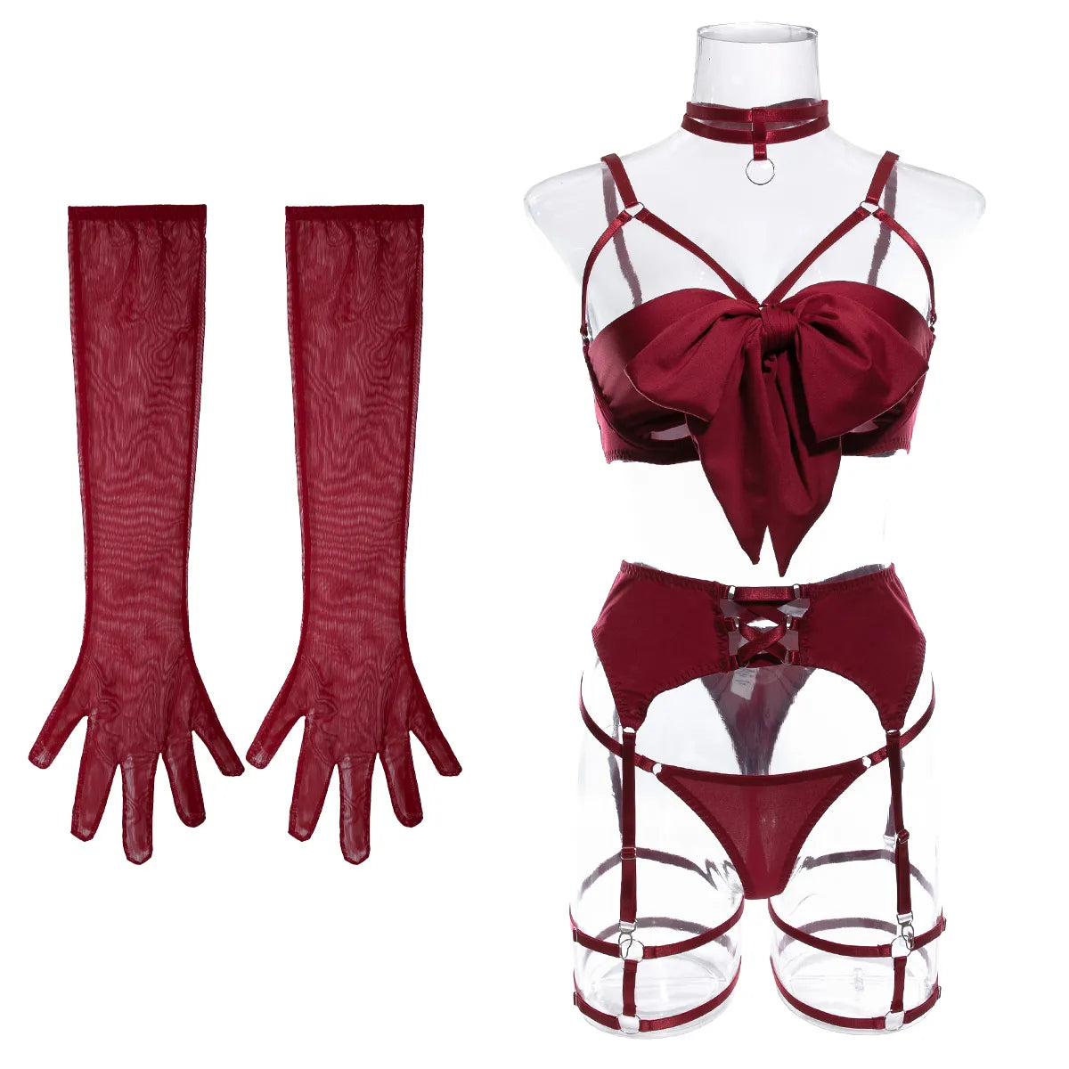 Bowknot Lingerie Open Bra Silk Underwear WIthaca Gloves Bilizna Set Sensual Intimate Garter Thongs Sexy  Outfits