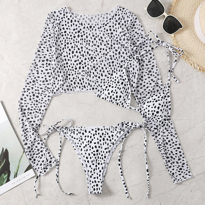 Leoparden-Damen-Badeanzug mit 3 Teilen, Neckholder-Mikro-Bikinioberteil, separat bedruckter Badeanzug, brasilianische Strandmode mit niedriger Taille