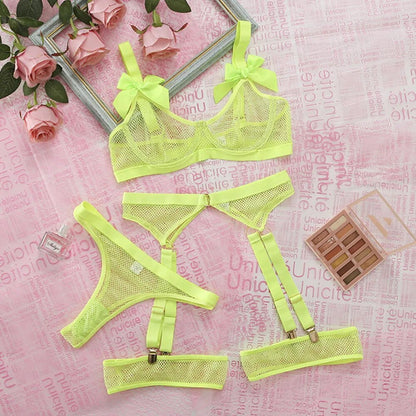 Sexy Neon-Dessous mit Socken, Spitze, Schleife, transparente Unterwäsche, durchsichtiges Netz, 5-teilig, heiße durchsichtige Sets