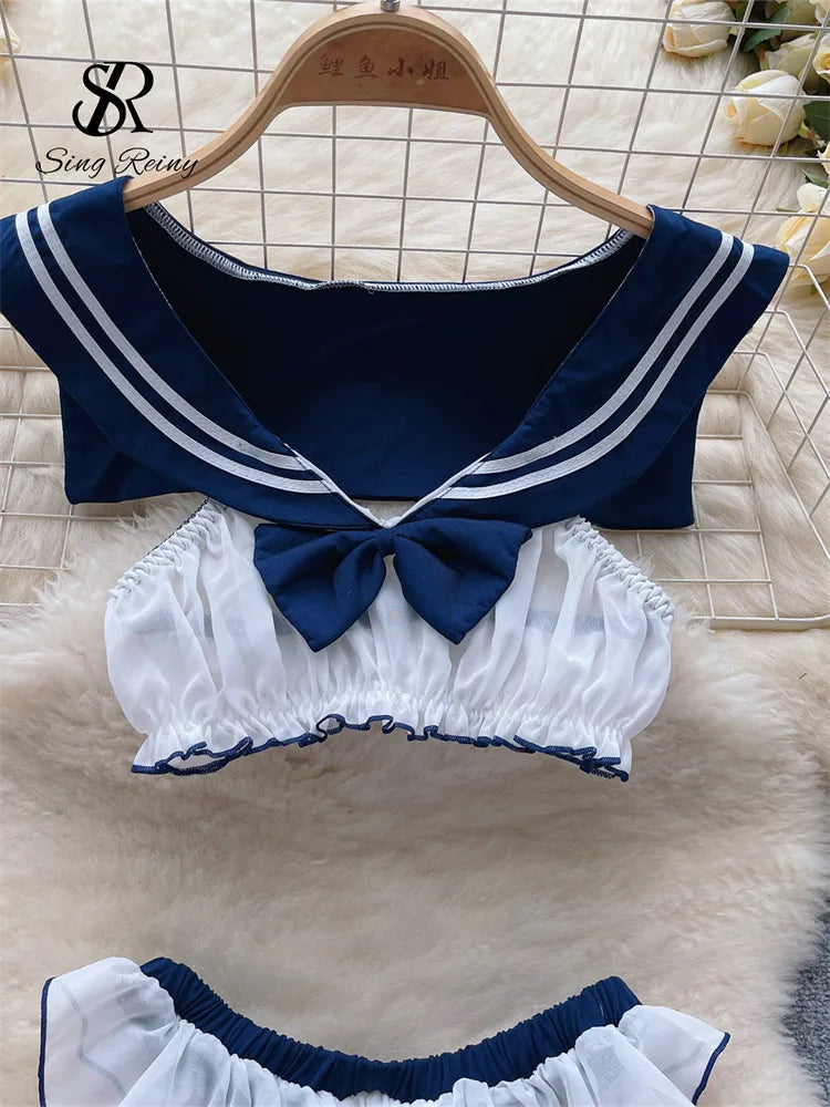 2023 Preppy Style Sweet Sexy Outfit Sailor Collar Sleeveless Short Top+Sheer Skirt Open Crotch   Night Suits Wanita