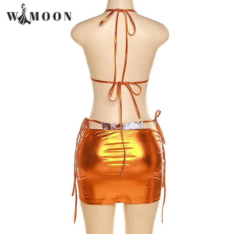 Halter Metallic 3 Pieces Micro Bikinis Reflective Skirt Set Sexy Beach Wear Swimsuits Woman 2023 Summer Bathing Suit Club Party