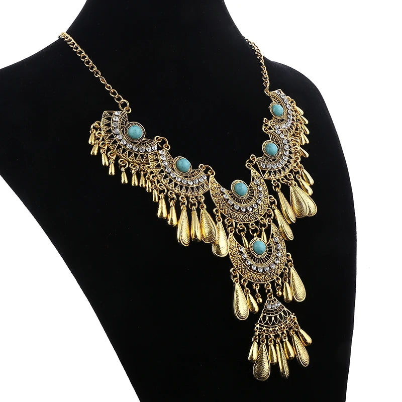 Vintage Ethnic Exaggerated Statement Necklaces Antique Silver Color Carved Water Drop Tassel Necklaces For Women Boho Jewelry