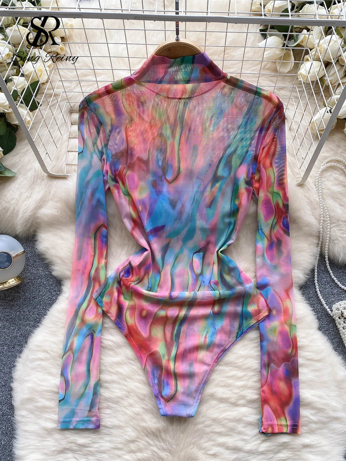 2023 Transparent Mesh Sexy Bodys Drucken Und Färben Öffnen Gabelung Mantel Strampler Mode Sheer Print Schlank Playsuits Wanita