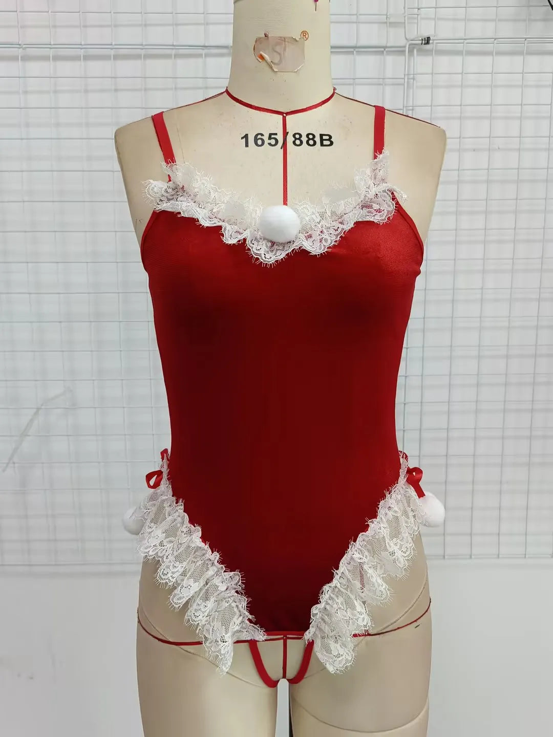 Body Sexy de piel de encaje navideño para mujer, peleles ajustados con tirantes finos y entrepierna abierta, monos de cosplay o Wanita 2023