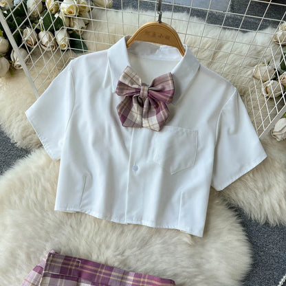 Cosplay   Outfit Women Lapel Neck Short Shirt+Plaid Mini Skirt+Thongs  2023 Preppy Style Sexy Nightwear Wanita