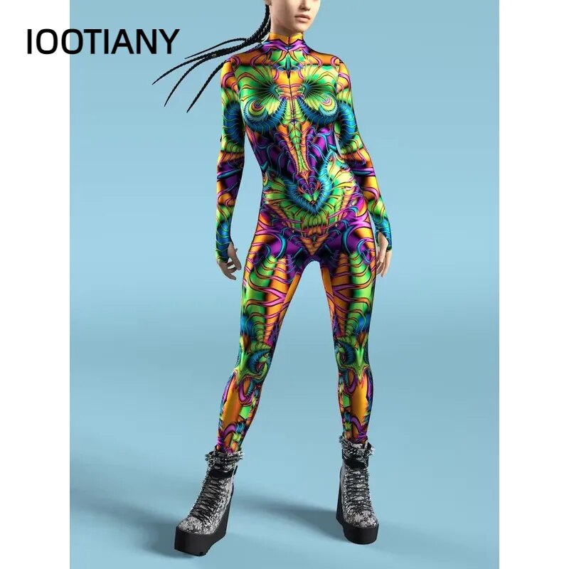 Multicolour Skeleton Printed Costume Woman Front Zipper Zentai Bodysuit Halloween Party Jumpsuits Carnival Holiday Show Outfit