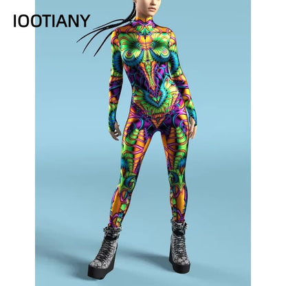 Disfraz con estampado de esqueleto multicolor para mujer, traje Zentai con cremallera frontal, monos para fiesta de Halloween, traje de espectáculo festivo y Carnaval