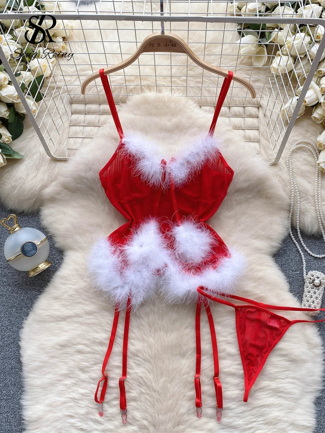Weihnachten Transparente Dessous Dreiteilige Sets 2023 Splice Fur Strap Mini Top+Tangas Mesh Sexy Unterwäsche Anzüge Wanita