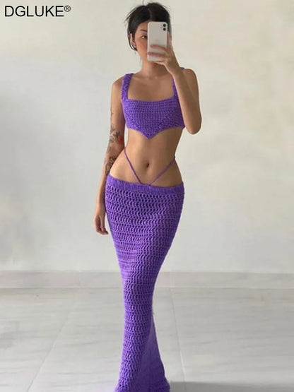 Conjunto de 2 piezas de punto morado, trajes de verano para mujer, trajes sexis de ganchillo para vacaciones en la playa, falda larga calada y conjunto recortado