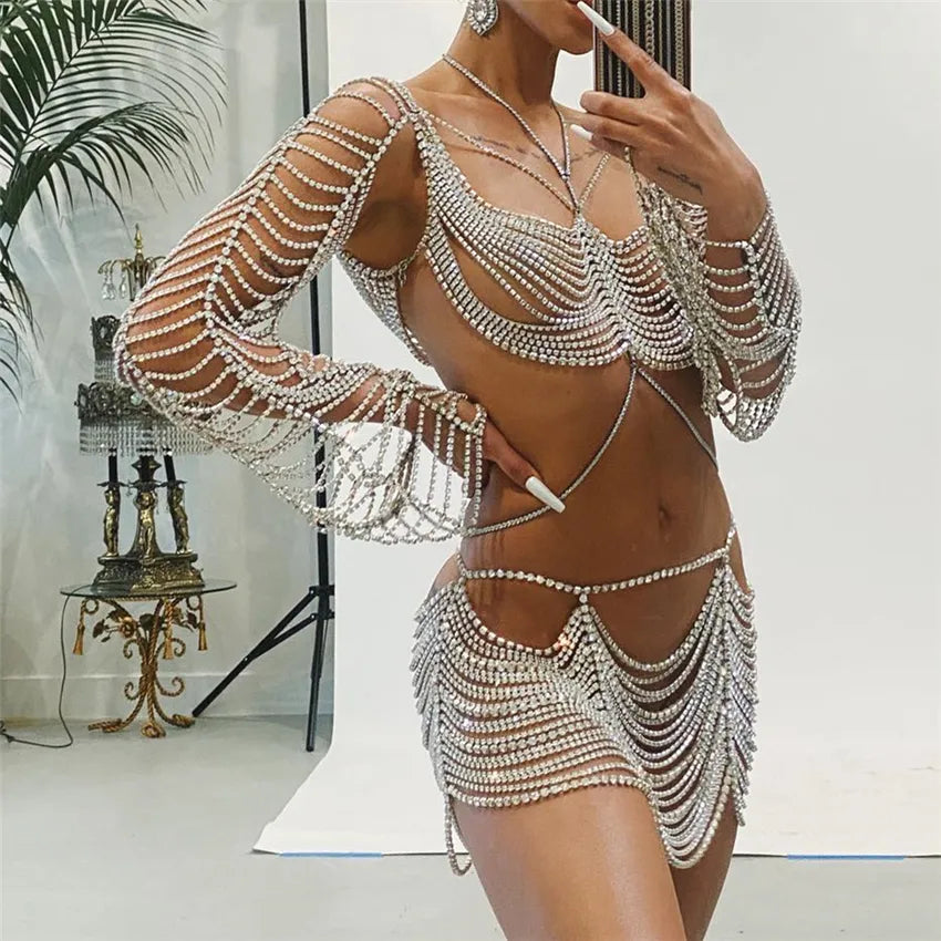 2022 Luxus Hohe Qualität Sexy Strass Körper Kette Schmuck Frau Mode Party Bikini Harness Bh und Rock Zubehör Geschenk