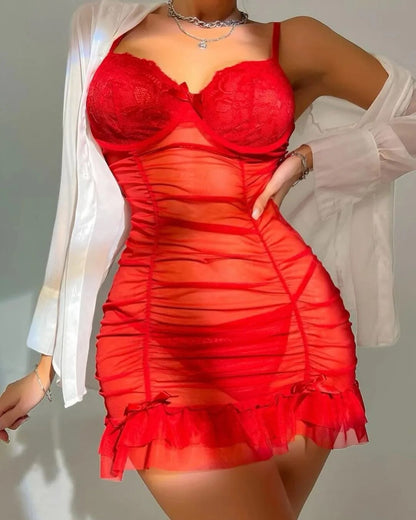 Camisón plisado Sensual, minivestido transparente con volantes, Babydoll de encaje transparente, traje Sexy de fantasía transparente