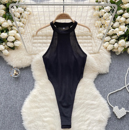 Wanita Halter Open Crotch Sexy Bodysuits Female Sleeveless Slim Backless  Bikini French Solid Thin Slim Beach Playsuits