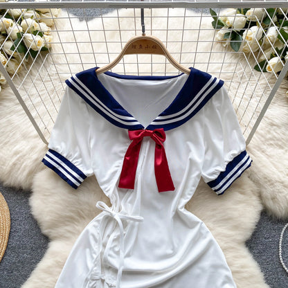 Japan Style Split Sexy Nightdress Ladies Bow Neck Hotsweet Mini Dress+Thong Ruffle Hollow Out Cosplay  Nightwear Wanita