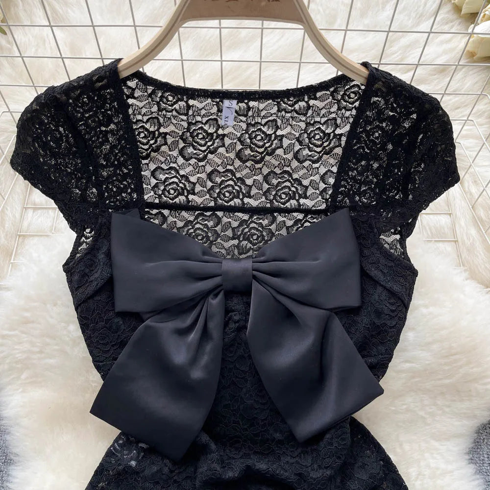 2023 Women Sheer Lace Playsuits Squre Neck Short Sleeves Bow Hotsweet Slim Rompers Fashion Korean Sexy Beach Bodysuits Wanita