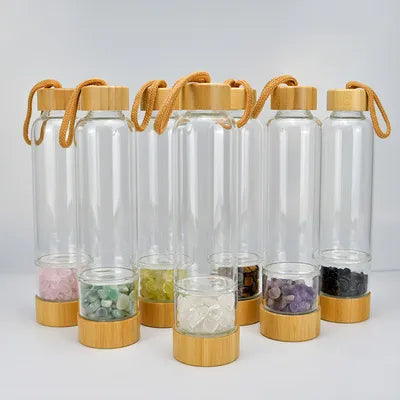 Natural Crystal Quartz Gravel Gemstone Healing Glass Energy Elixir Drink Water Bottle Bamboo Glass Cup Gift Cute Water Bottle