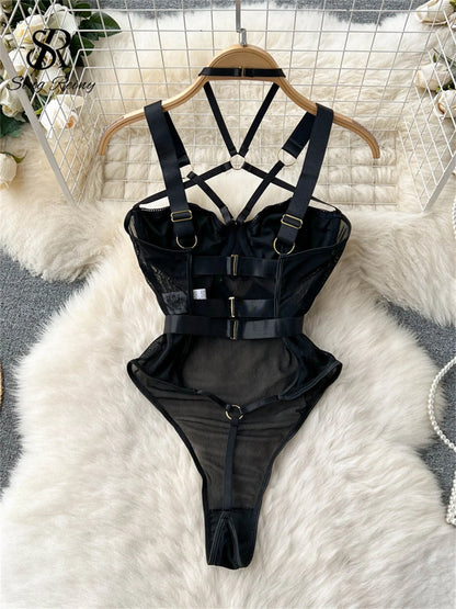 Fashion Sheer Sexy Bodysuits Women Buckle Crossing Halter Strap Open Crotch Nightwear Hollow Out Slim Sensual Playsuit Wanita