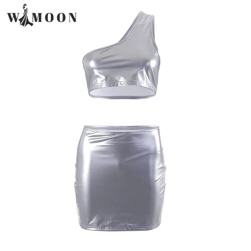 Bright Silver Sexy 2 Pieces Set Women 2023 New Solid Color One Shoulder Sleeveless Crop Top and Short Skirt Suit for Summer