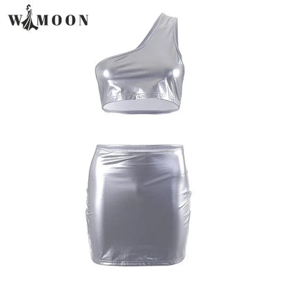 Bright Silver Sexy 2 Pieces Set Women 2023 New Solid Color One Shoulder Sleeveless Crop Top and Short Skirt Suit for Summer