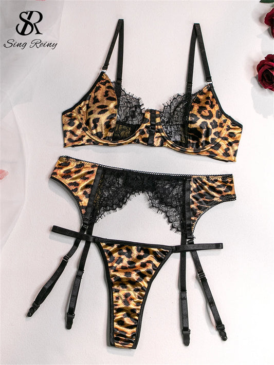 Leopard  Lingerie Transparent Lace Sensual Bra&Briefs Female Suits Sheath Club Outfit o Sexy Underwear Sets Wanita