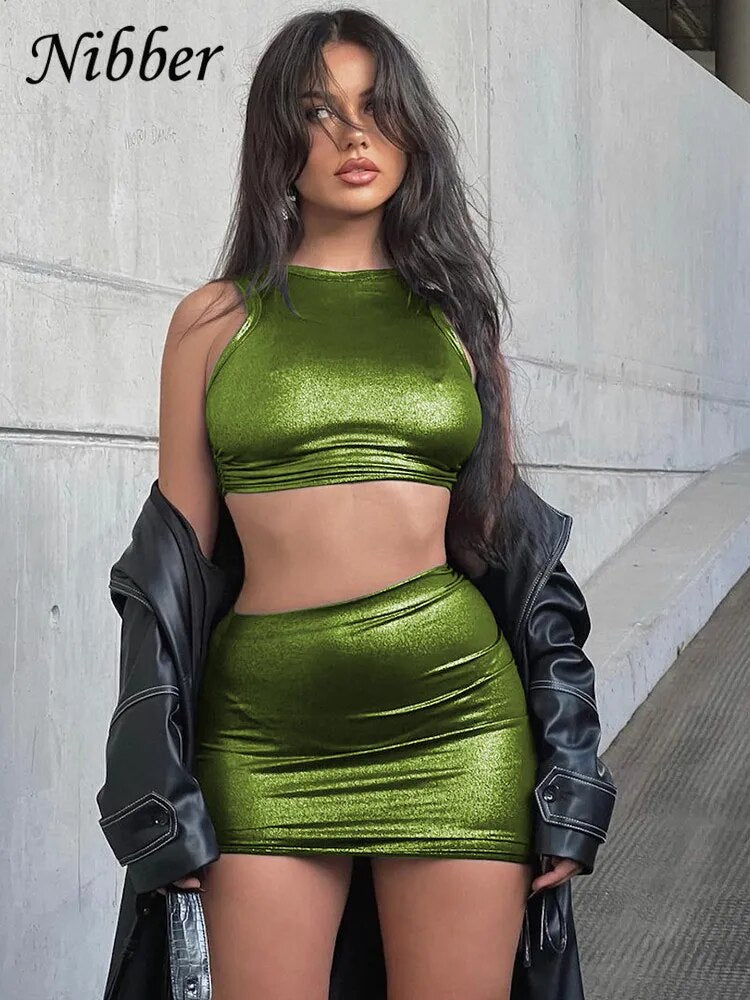 Nibber Solid Shinny Silky Two Piece Set Women Skinny Sleeveless Vest+ Sexy Drawstring Hip warps Skirt Streetwear Casual Clothing