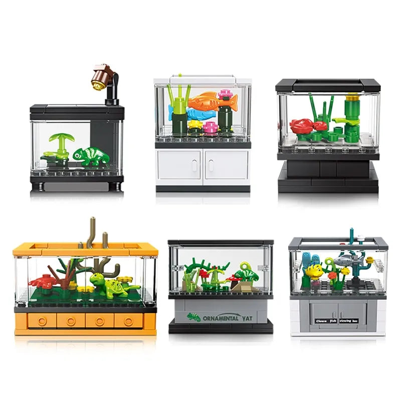 Micro Fish Tank Series Building Blocks Set Clownfish Lobster Display Box Model Children Creative Diy Educational Bricks Toys