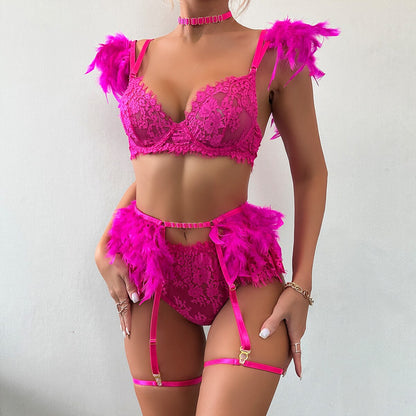 Lencería de plumas, ropa interior de lujo de encaje, conjuntos de sujetador y bragas transparentes de 5 piezas, Sissy íntimo sin costuras, Push Up Sensual