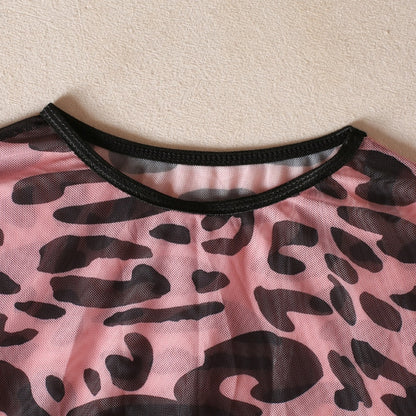 Trajes de lencería de leopardo, Tops de color rosa claro, conjuntos de manga larga para mujer, 2 piezas, Color de contraste, productos íntimos para chica joven