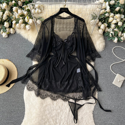 Women Sexy Lace Nightwear Suits Transparent Short Dress+Mesh Cardigans+Thongs 2023 Sheer   Nightdress Sets Wanita