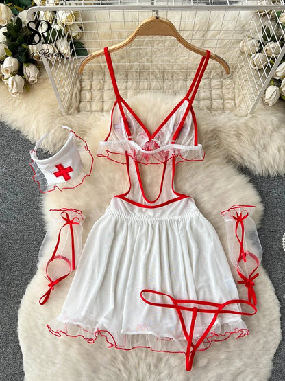 Wanita Krankenschwester Cosplay Mesh Sexy Nachtwäsche Frauen Strap Elastische Mini Pyjamas Kleid + Tangas Rückenfreies Sinnliches Nachtkleid