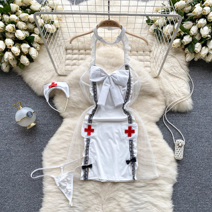 Japan Nurse Cosplay Sexy Nightdress Women Lace Mesh Patchwork Bodycon Dress+Thongs Backless Sheer  Nightwear Wanita