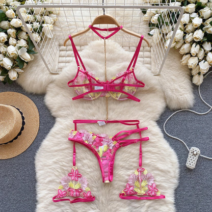 Wanita Fashion Hollow Out  Sleepwear Mesh Lace two Pieces Sets Strap Mini Bra+Thongs Sexy Embroidery Underwear Suits