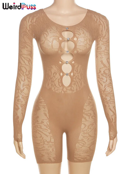 Mono Sexy Weird Puss para mujer, mono transparente con diamantes huecos, mono fino de manga larga para verano, ropa elástica para fiesta de medianoche y discoteca, entrenamiento