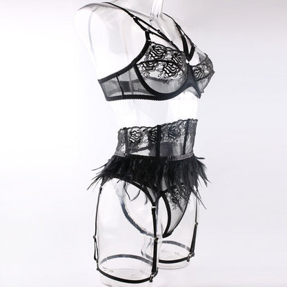 Sexy Lingerie Feathers Underwear  Sets with Garters Sensual Lace Underwire Bra Breves Set Short Skin Care Kits