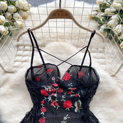 Strap Floral Stickerei Mesh Bodys Frauen Ärmellose Dünne Spitze Up Backless Overalls Koreanische Sheer Sexy Playsuits Wanita