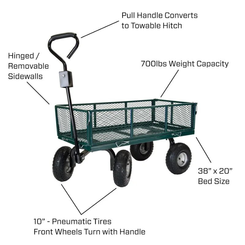 Steel Garden Cart with Removable Sides 700lb Capacity, 38” X 20” Towable Mesh Garden Utility Cart Outdoor Lawn Wagon