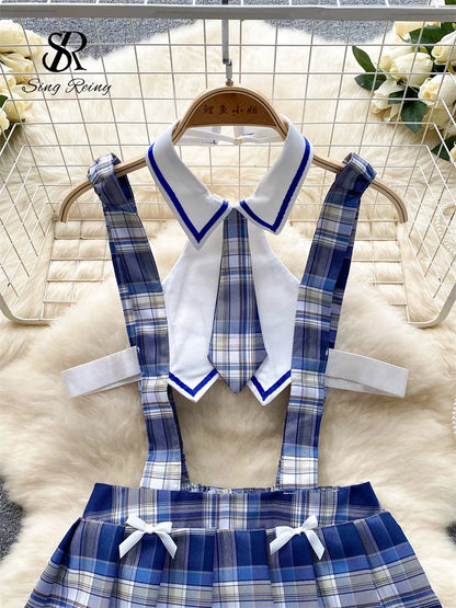 Preppy Style Cosply  Outfit Women Plaid Hollow Out Slim Sexy Nightdress Backless Pleated Hotsweet  Nightwear Wanita