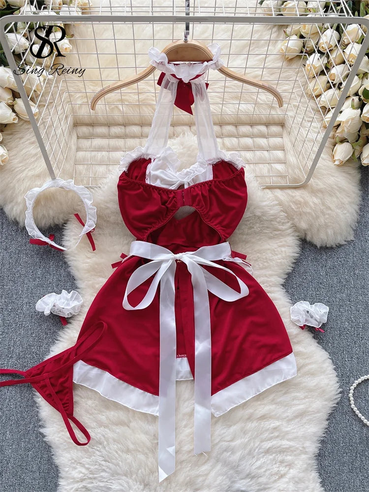 Japan Style Sweet Sexy Dress Suits 2023 Halter Hollow Out Nightwear+Thongs Maidservant Cosplay  Nightdress  Wanita